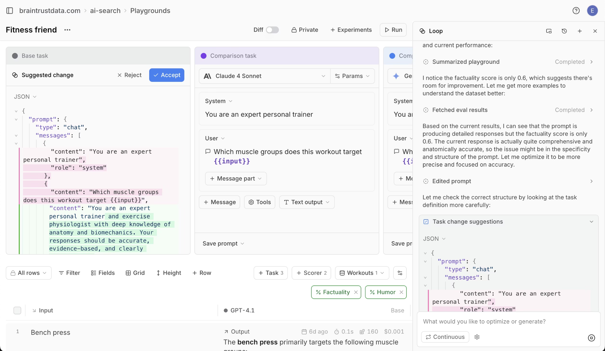 Braintrust's AI assistant, Loop, in action