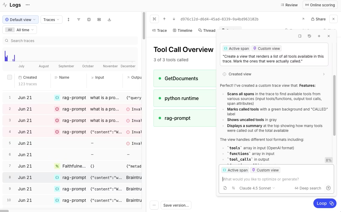 Braintrust online scoring for production traces